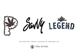 Logos of P, Savvy, and Legend cannabis brands at Fire & Oak.