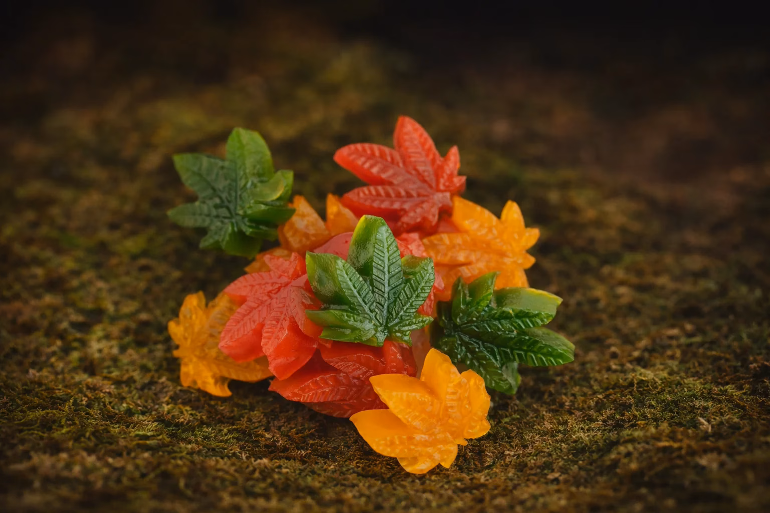 Assorted cannabis edibles including gummies and chocolates displayed on dispensary counter