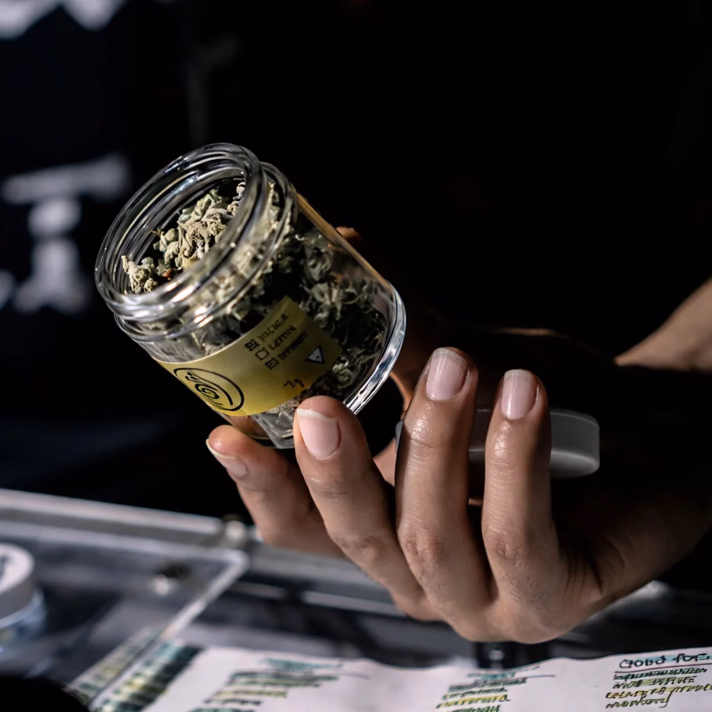 Person holding a jar of cannabis in a dispensary, showcasing the product's contents and labeling, with additional containers visible on the table.