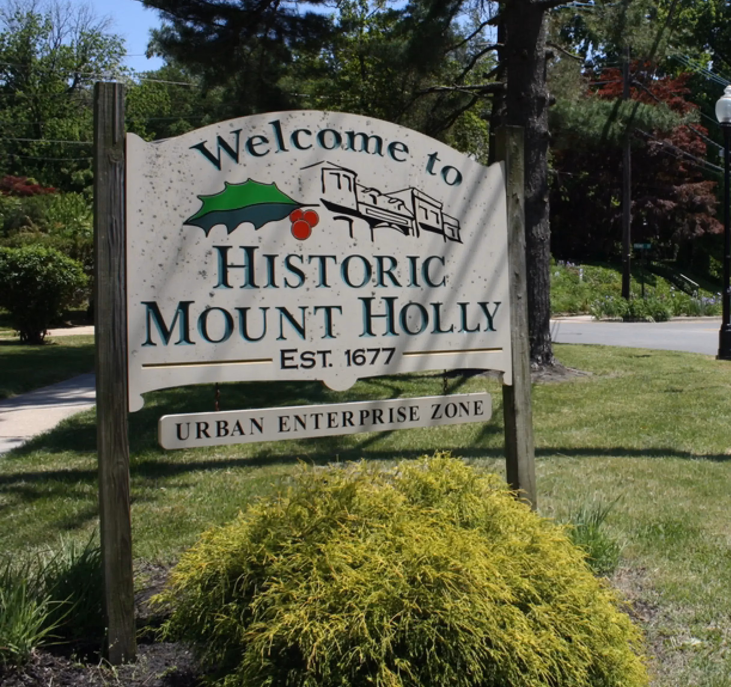 Welcome sign for Historic Mount Holly New Jersey established in 1677.
