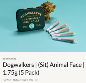 Cannabis pre-roll pack with five mini joints and a cannabis bud from Dogwalkers.